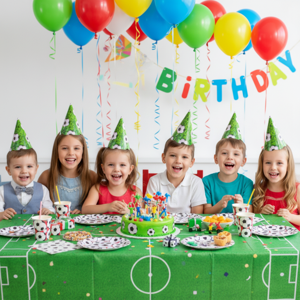 Kids wearing green soccer football themed paper party caps at a birthday party with balloons