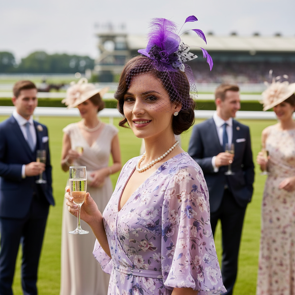 Purple Mini Top Hat Fascinator worn at Ladies Day at the Races