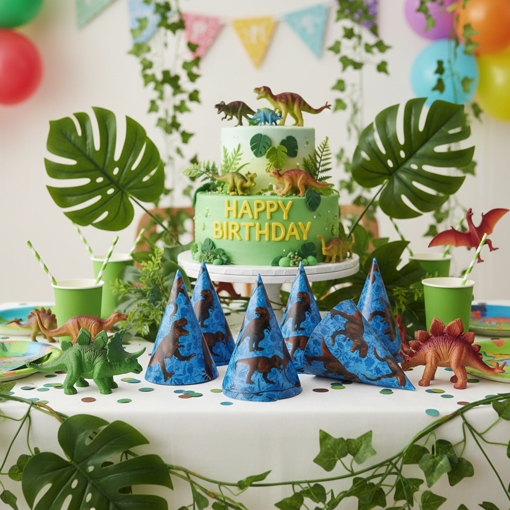 Dinosaur Theme Party Hats at Dino Party Table Setup