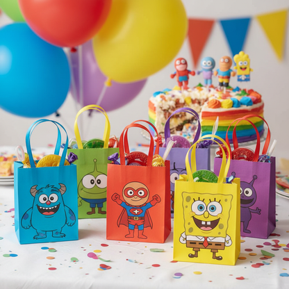 Small colorful character themed gift bags for kids birthday party on festive table with balloons and confetti