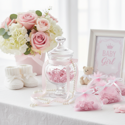 Pink baby shower favor setup with small pink safety pins in decorative bowl on baby shower table with floral decorations
