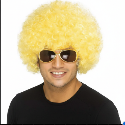 Person wearing giant yellow afro wig front view