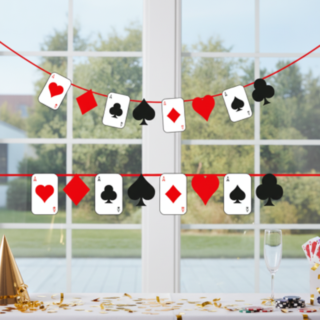 Casino ace playing card garland hanging as party decoration with red and black card suit symbols hearts diamonds spades clubs