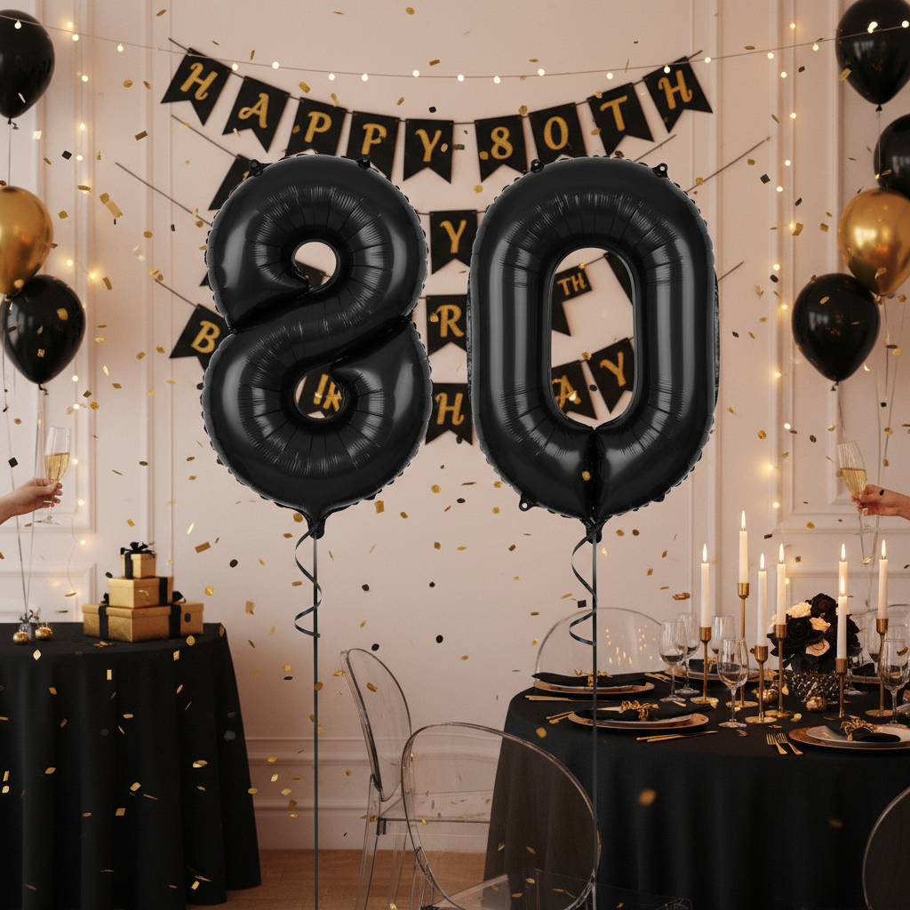 Black Number 8 Balloon - 80th Birthday