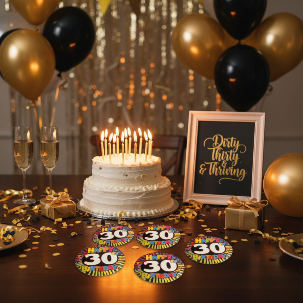 30th birthday badges pack displayed on party table with cake candles and gold black balloons