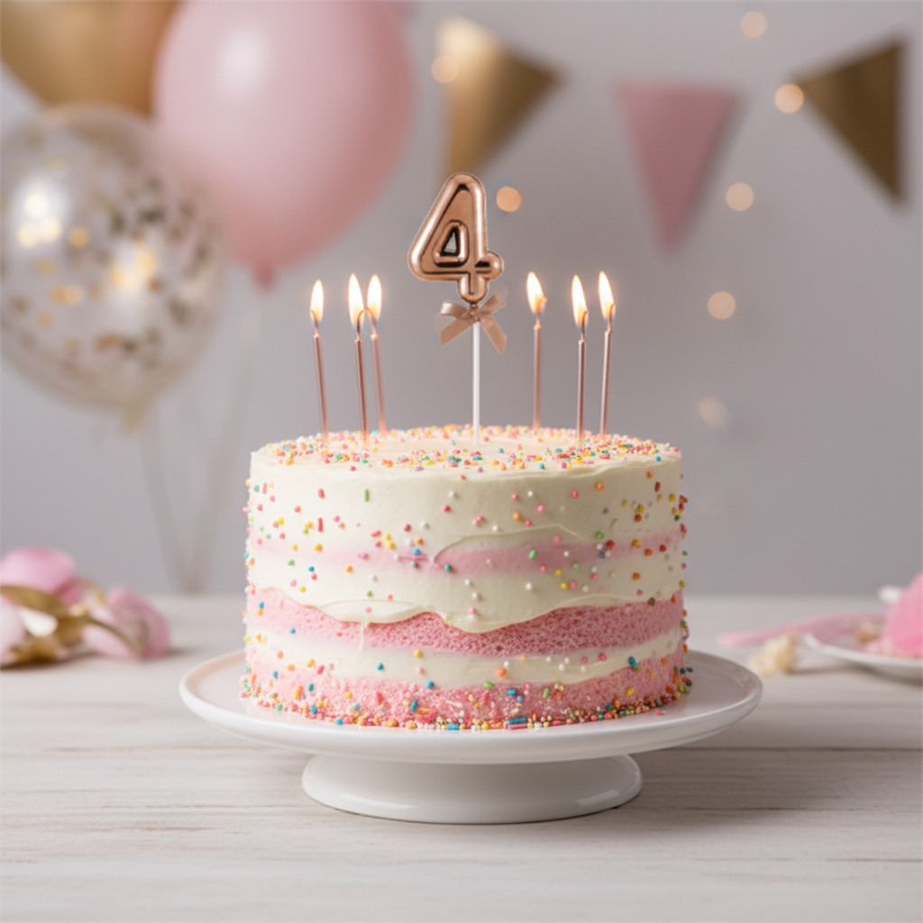 Rose gold number 4 cake topper with bow on pink birthday cake with white frosting and sprinkles
