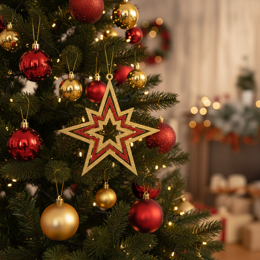 3D Gold Red Star Ornament on Christmas Tree