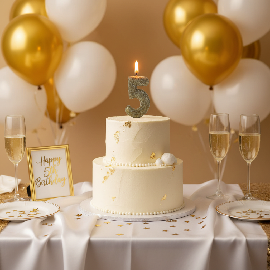 Golden glitter number 5 candle lit on white frosted birthday cake with gold balloons