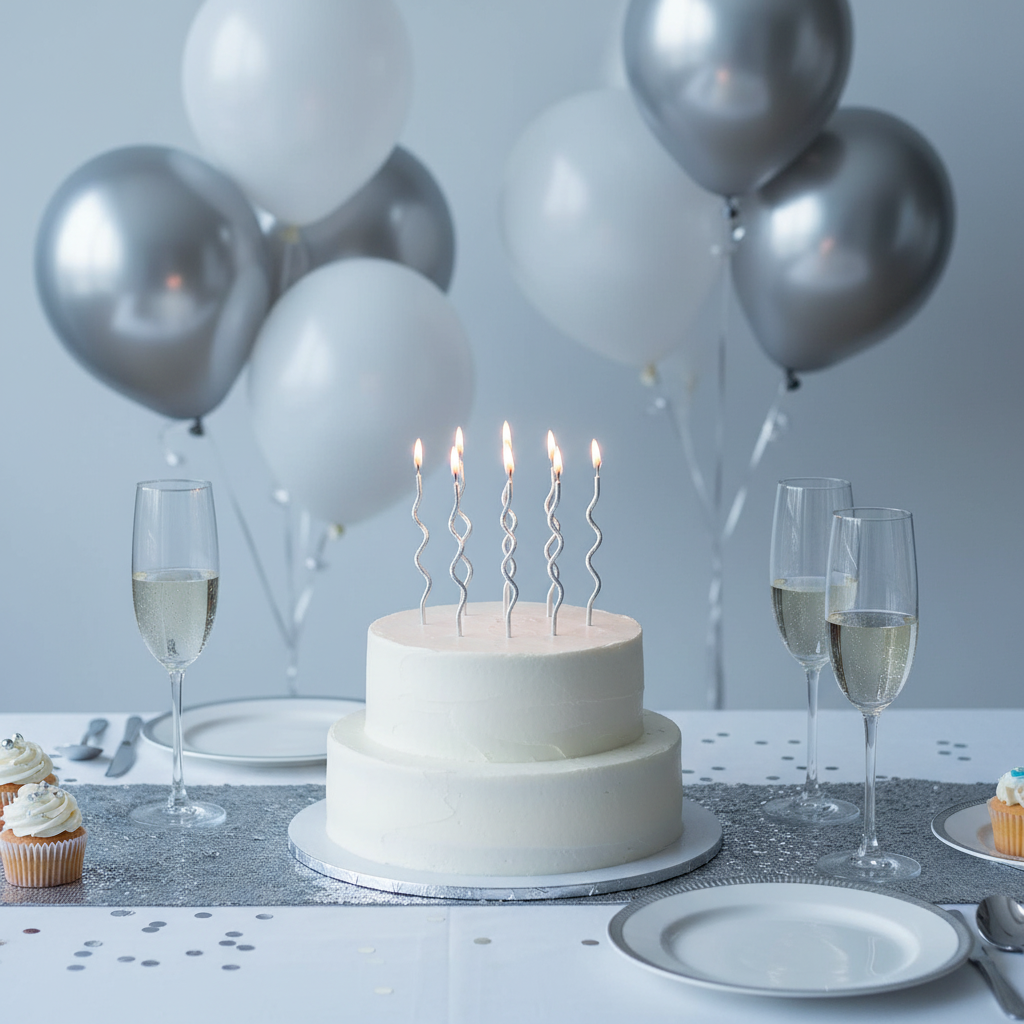 Twisty metallic silver spiral candles set of 6 on white frosted birthday cake with silver balloons