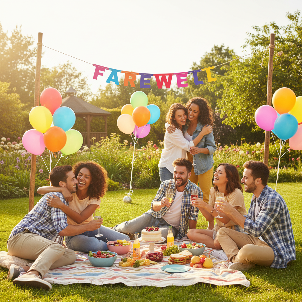 Colorful Farewell banner at outdoor garden farewell party with friends
