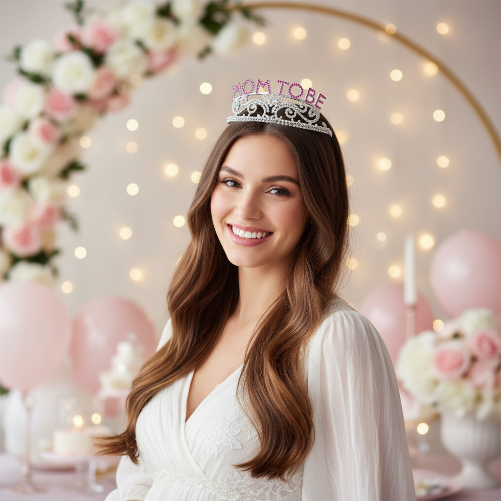 Model wearing Mom To Be tiara at baby shower
