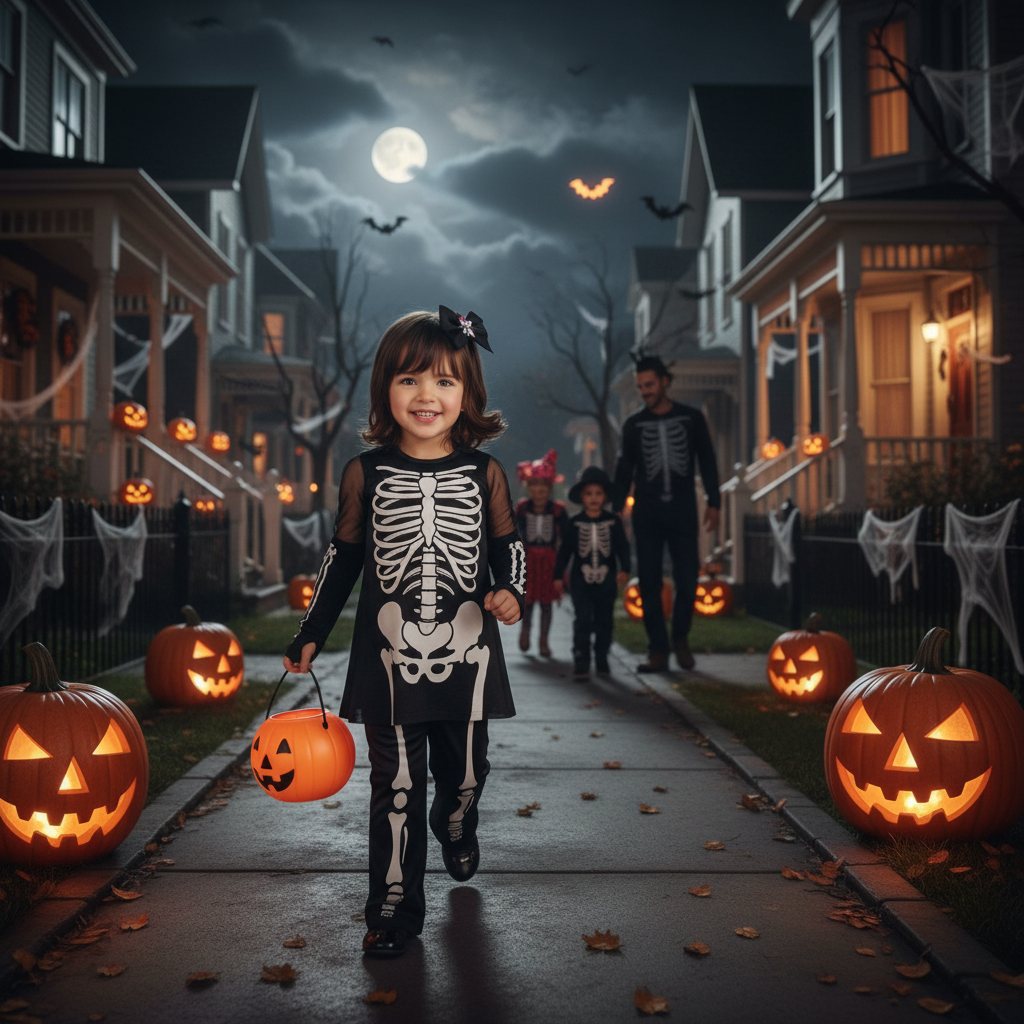 Adorable toddler in black skeleton printed costume trick or treating on Halloween night with jack o lanterns