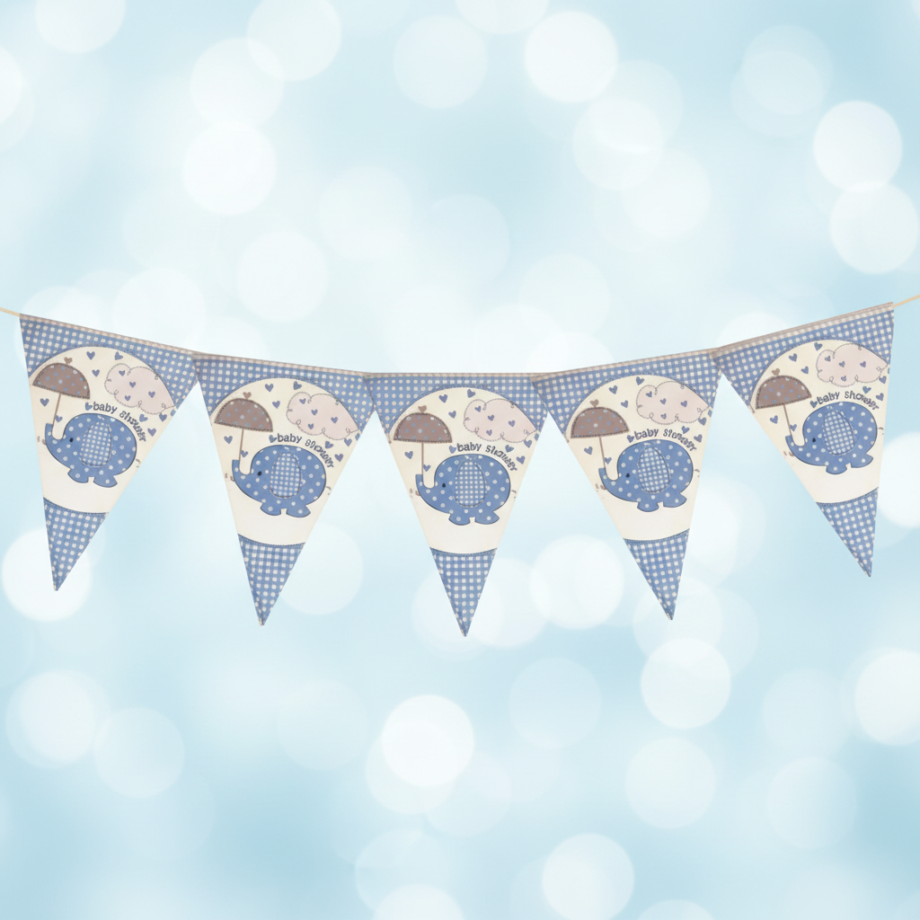 Close up detail of baby shower blue gingham bunting with elephant umbrella illustration
