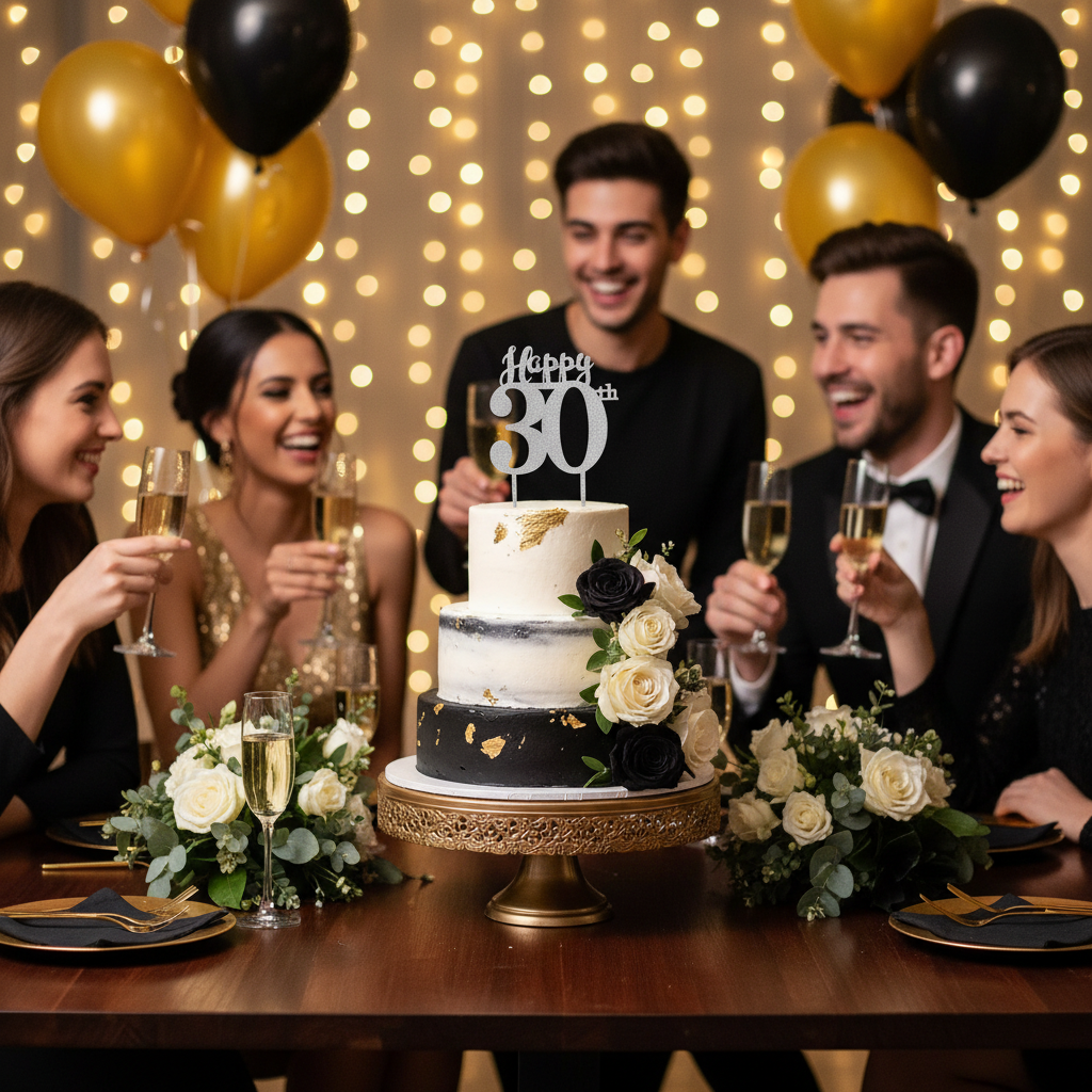 Happy 30th silver cake topper on tiered birthday cake with gold black balloons and flowers