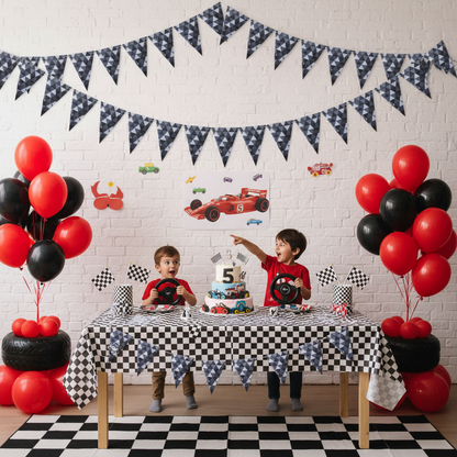 Black white chequered fractal bunting hung on wall at kids racing car birthday party