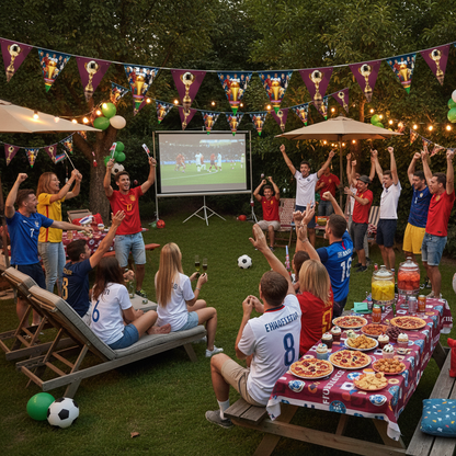 Football Euro Cup bunting at outdoor garden watch party with fans in jerseys and projector screen