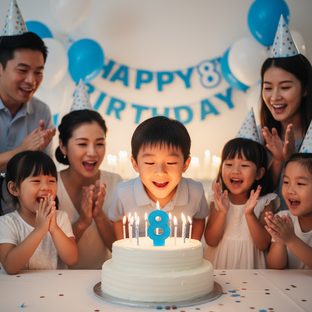 Child celebrating 8th birthday blowing blue glitter number 8 candle on cake with family