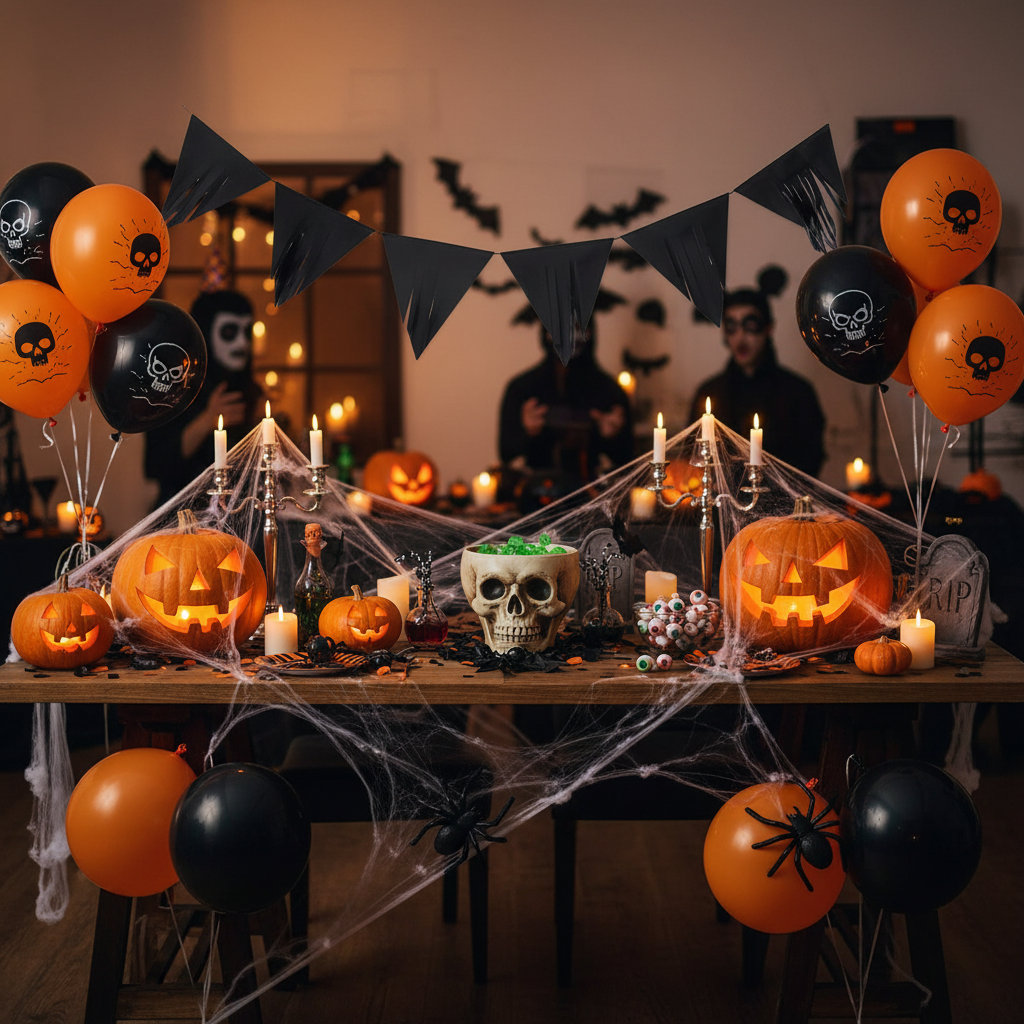 Black pennant bunting strung at Halloween party with orange black balloons and pumpkins