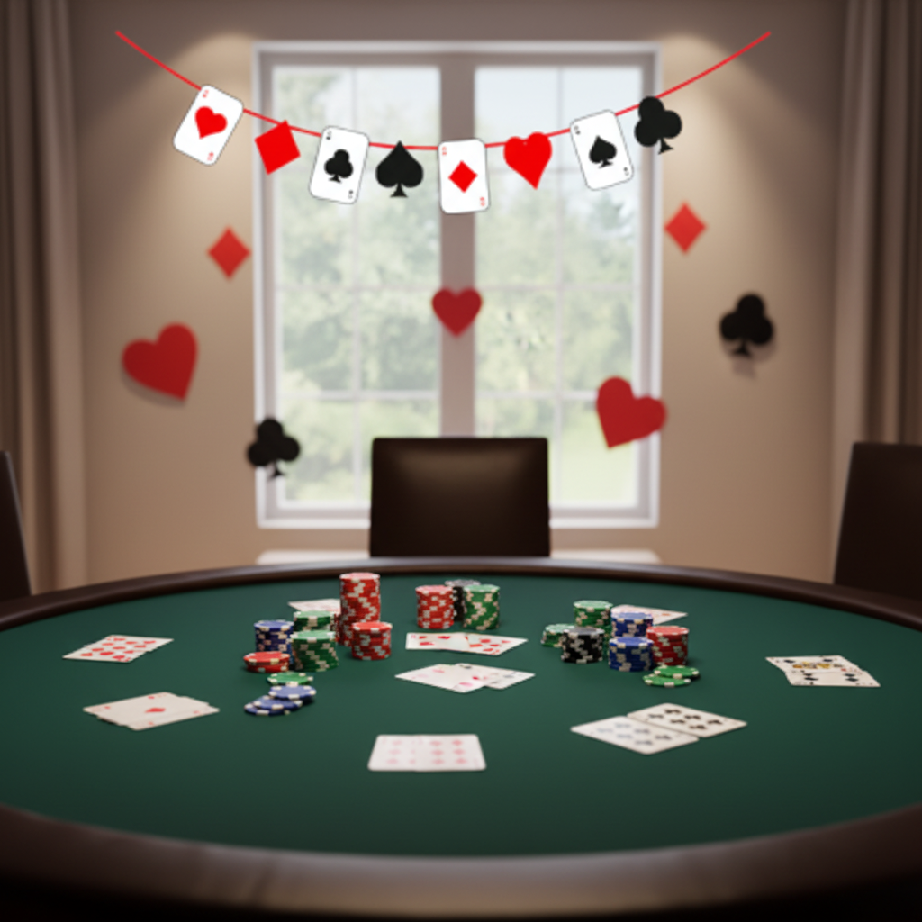 Casino themed party room decorated with playing card garland banner poker night setup with green felt table and poker chips