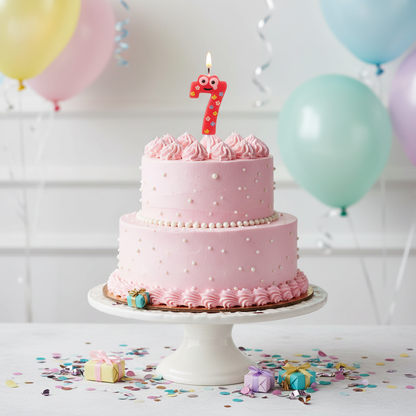 Number 7 Stick Candle on pastel pink birthday cake