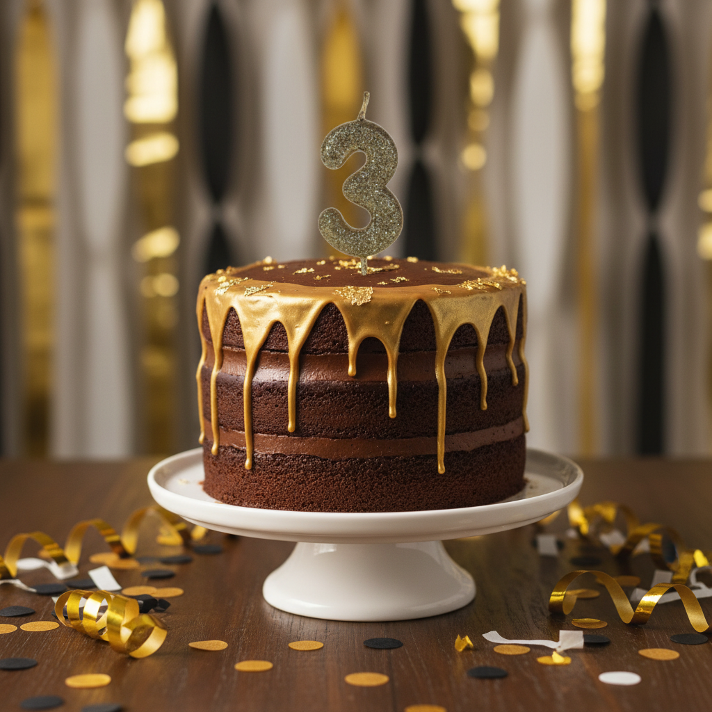Golden glitter number 3 candle on chocolate cake with gold drip and confetti