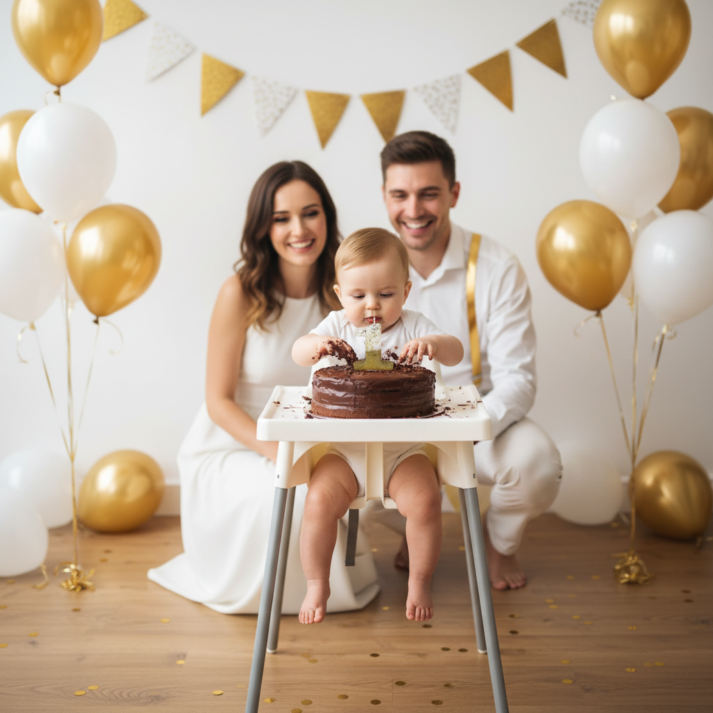 Baby celebrating first birthday with cake topped with semi glitter gold and white number 1 candle