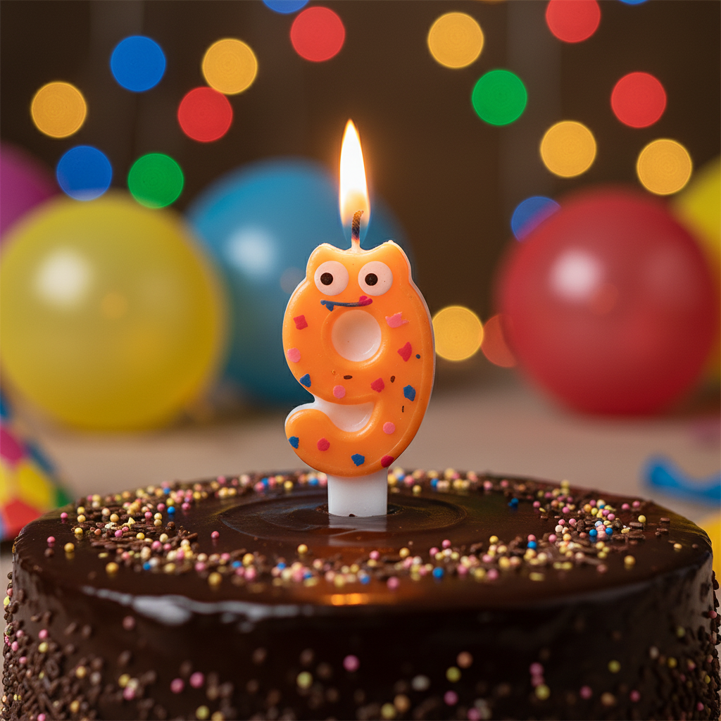 Number 9 Stick Candle on chocolate birthday cake