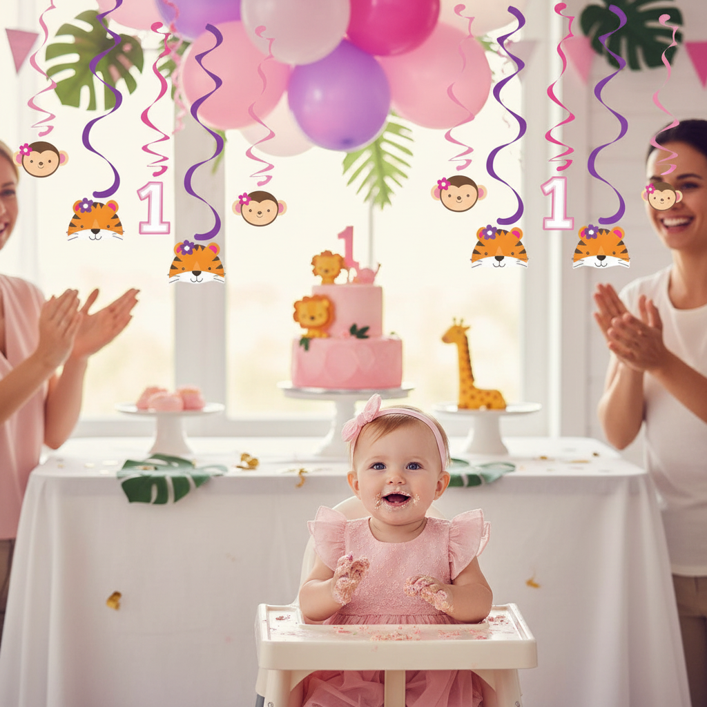 Baby girl first birthday pink jungle party with pink purple swirl danglers monkey tiger faces pink balloons and birthday cake