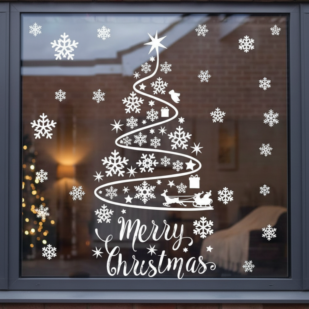 White snowflake and Christmas tree cutout stickers on glass window with Merry Christmas text festive holiday decoration