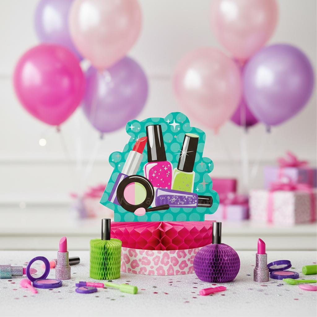 Glitzy girl makeup themed honeycomb centerpiece on birthday party table with pink purple balloons