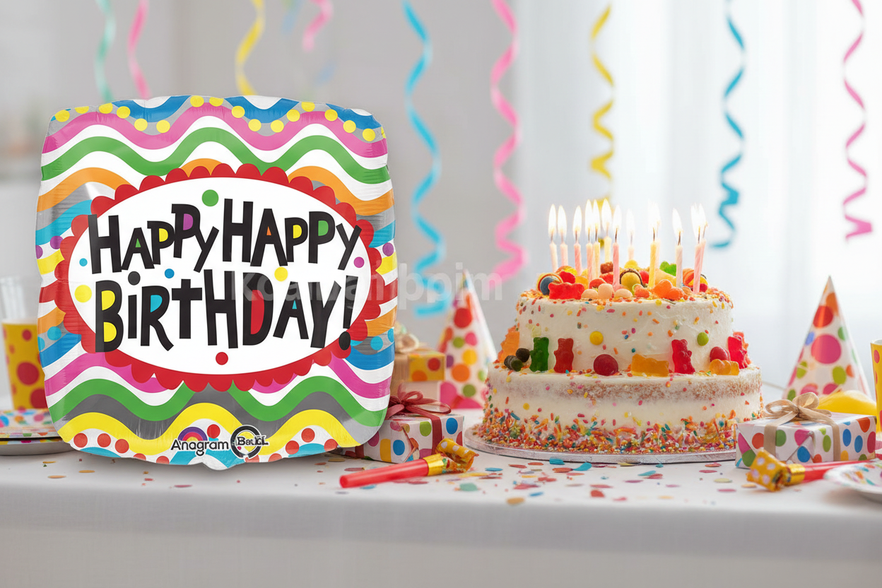 Happy Birthday Squiggles Balloon - Cake Table Centrepiece