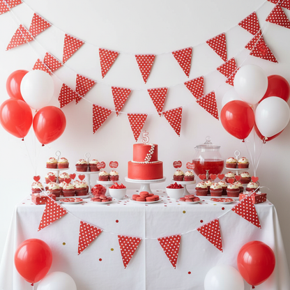 Red polka dot bunting strung across birthday dessert table with red themed cake and treats