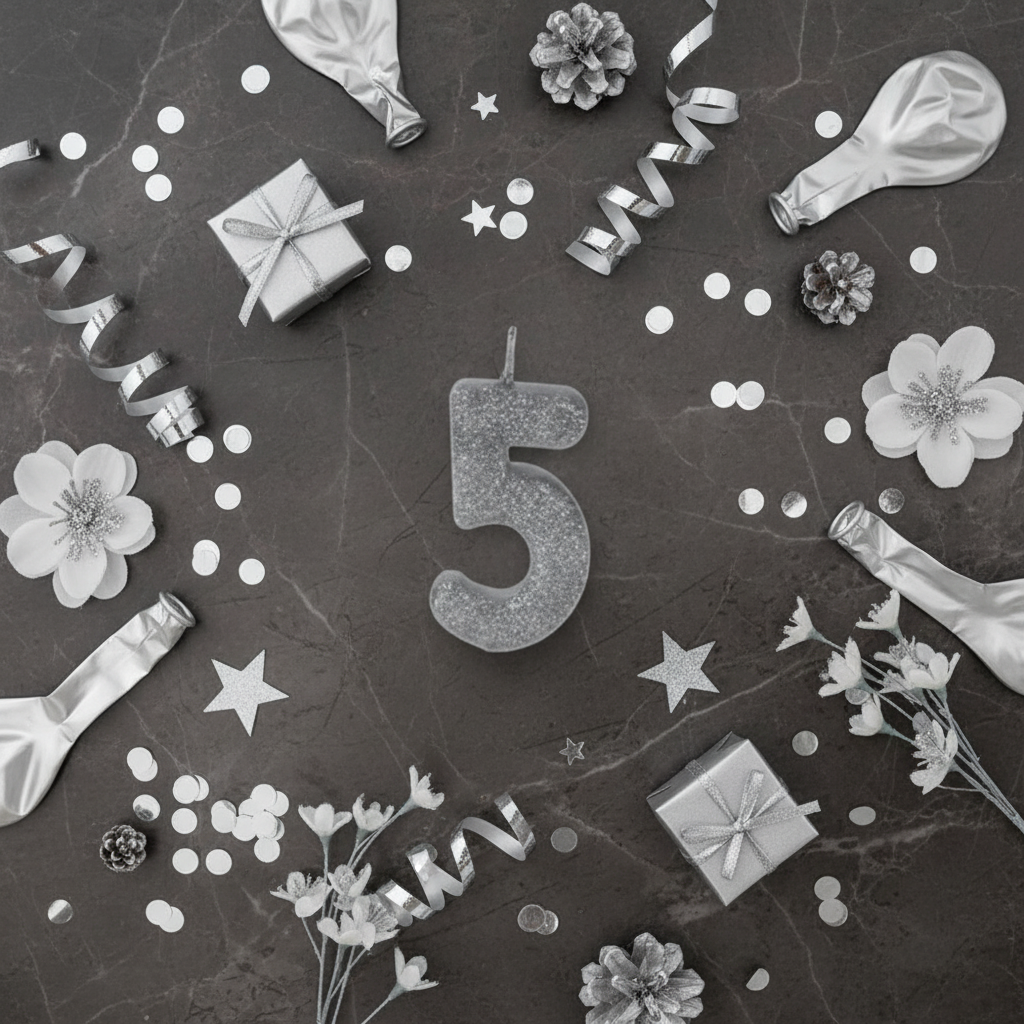 Silver glitter number 5 candle flat lay with silver ribbons gift boxes and silver party decor