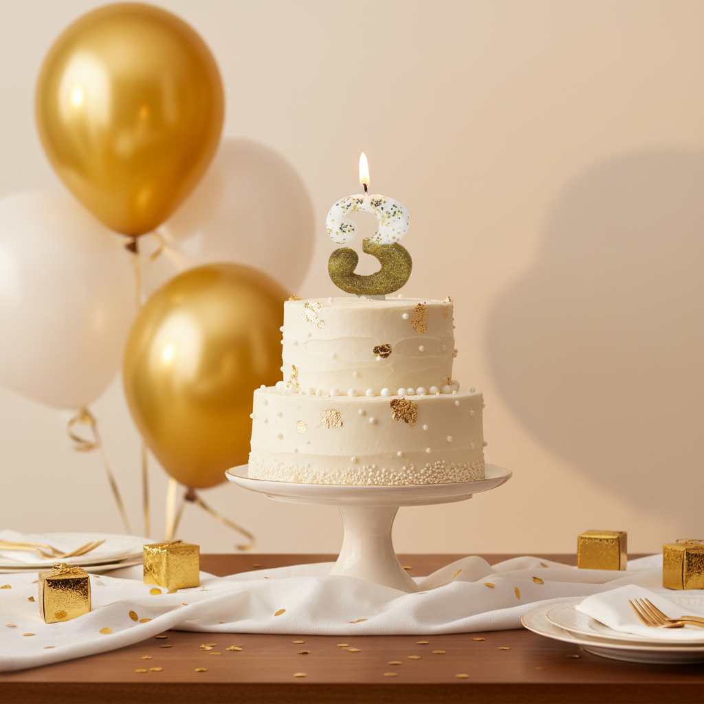 Semi glitter gold and white number 3 candle lit on white frosted birthday cake with gold balloons