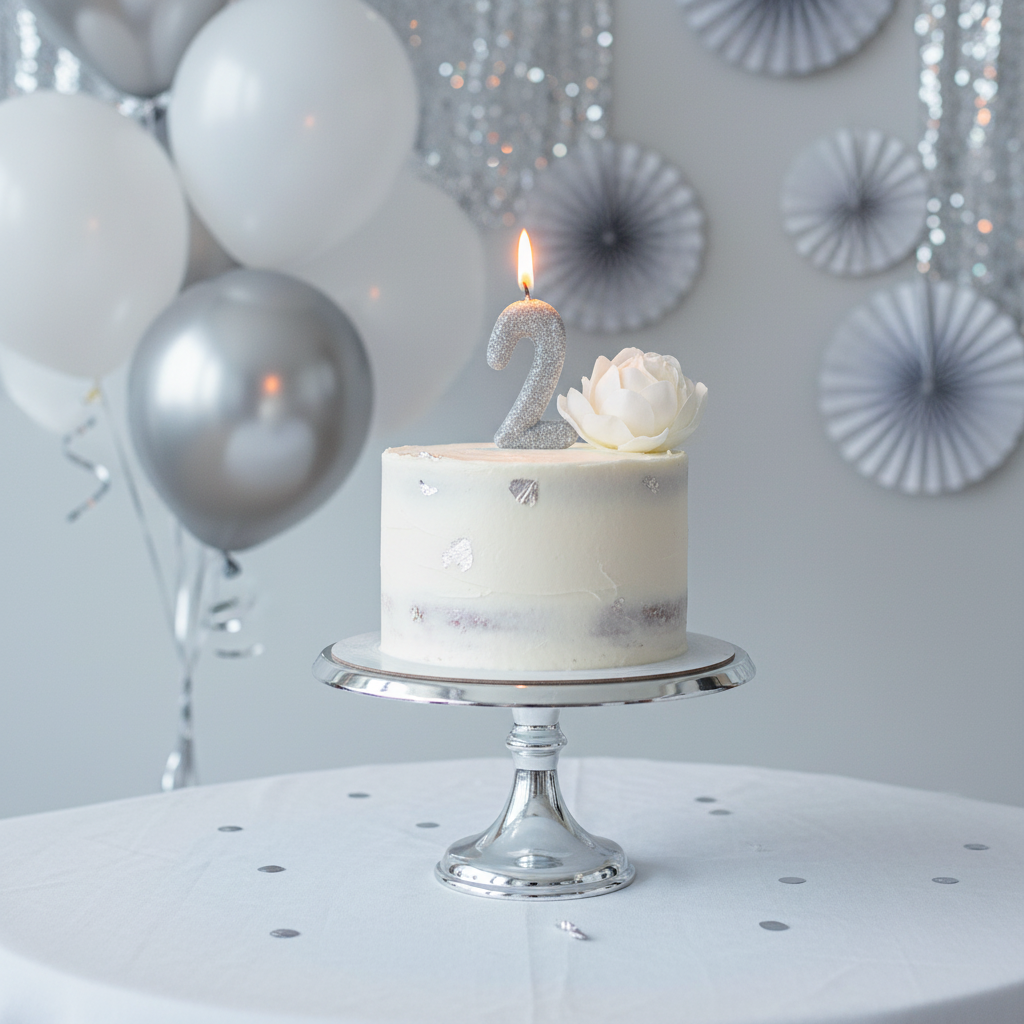 Silver glitter number 2 candle lit on white frosted birthday cake with silver balloons