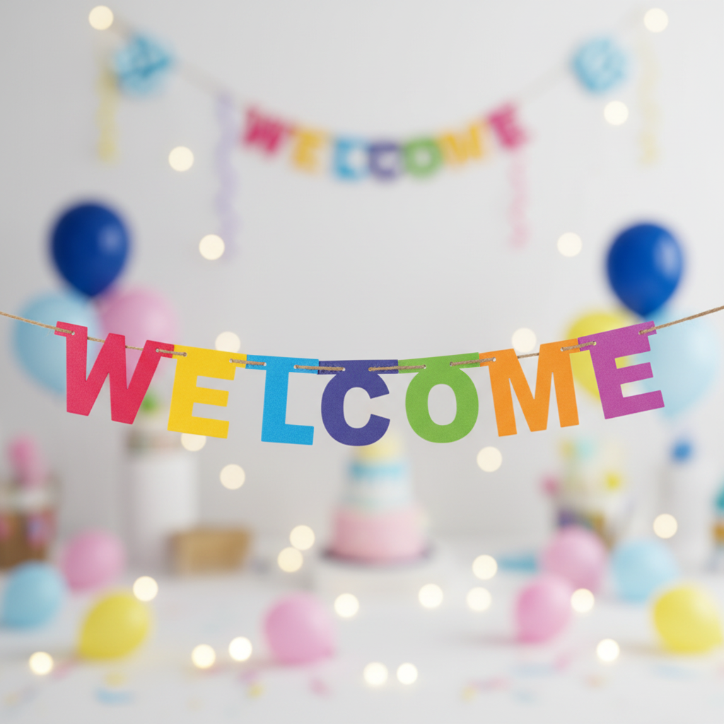 Close up detail of colorful Welcome letter banner with multicolor bold letter tiles