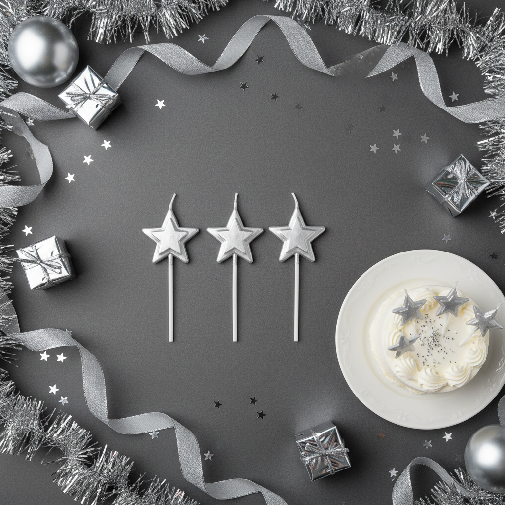 Silver star stick candles flat lay with silver ribbons gift boxes and party decor