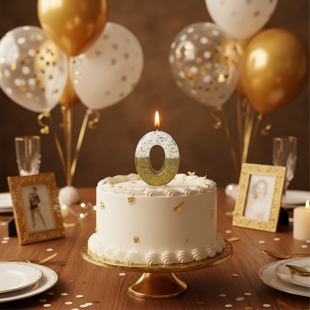 Semi glitter gold and white number 0 candle lit on white frosted birthday cake with gold balloons