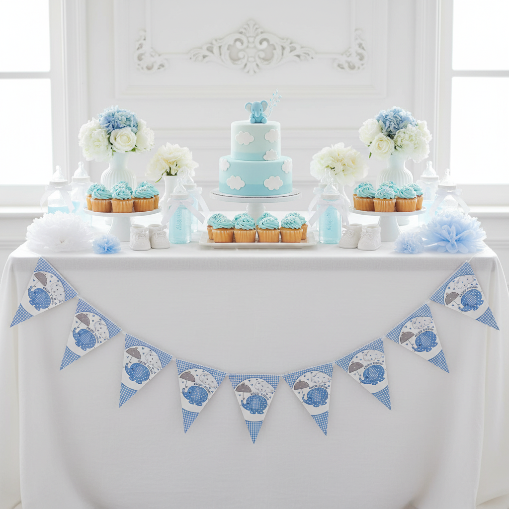 Baby shower blue bunting strung across dessert table with blue cake and decorations