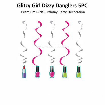 Glitzy Girl dizzy danglers 5PC flat lay pink silver spiral swirls with colorful nail polish and lipstick cutouts on white background