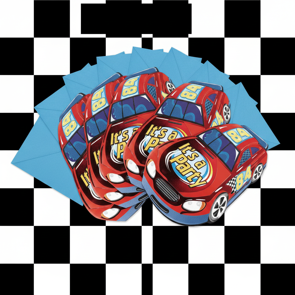 Race Car Jumbo Party Invitations Pack of 8 with Blue Envelopes