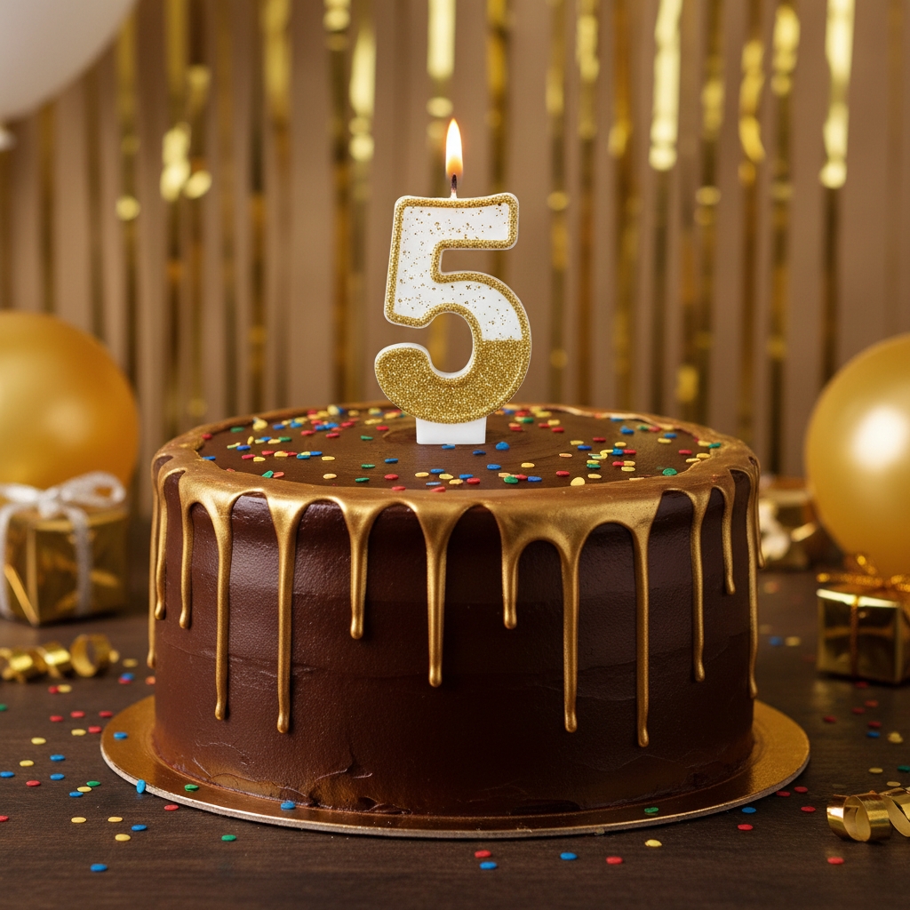 Semi glitter gold and white number 5 candle on chocolate cake with gold drip and confetti