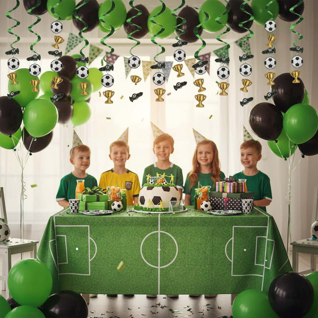 Soccer Foil Swirl Decoration at Kids Soccer Birthday Party