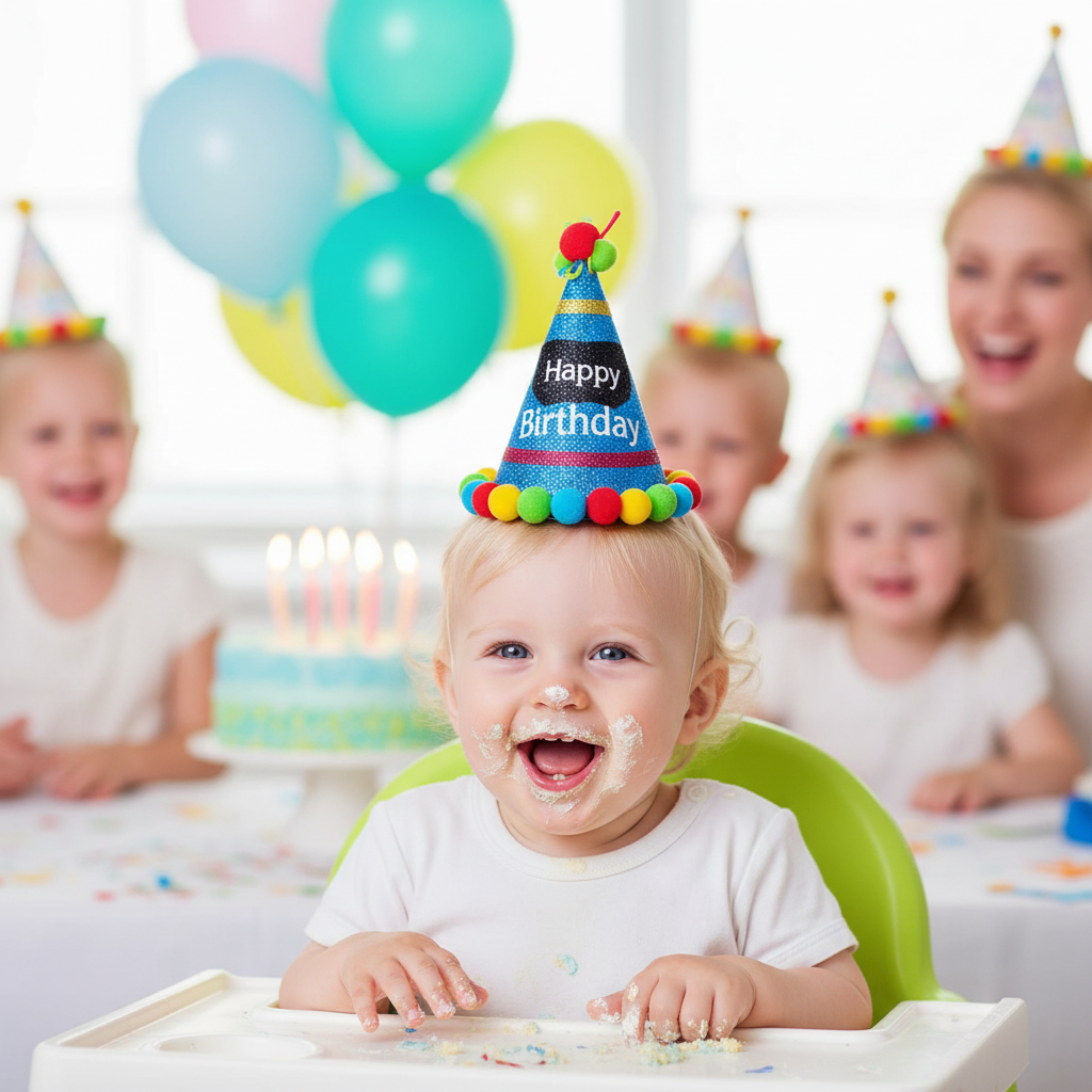 Birthday Brights Blue Cone Hat worn by Baby Boy at Birthday Party