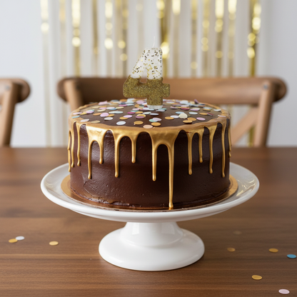 Semi glitter gold and white number 4 candle on chocolate cake with gold drip and confetti