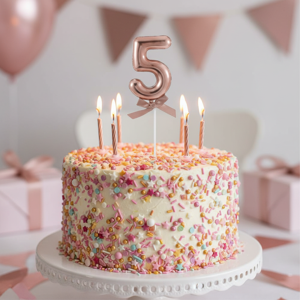 Rose gold number 5 cake topper with bow on pink birthday cake with white frosting and sprinkles