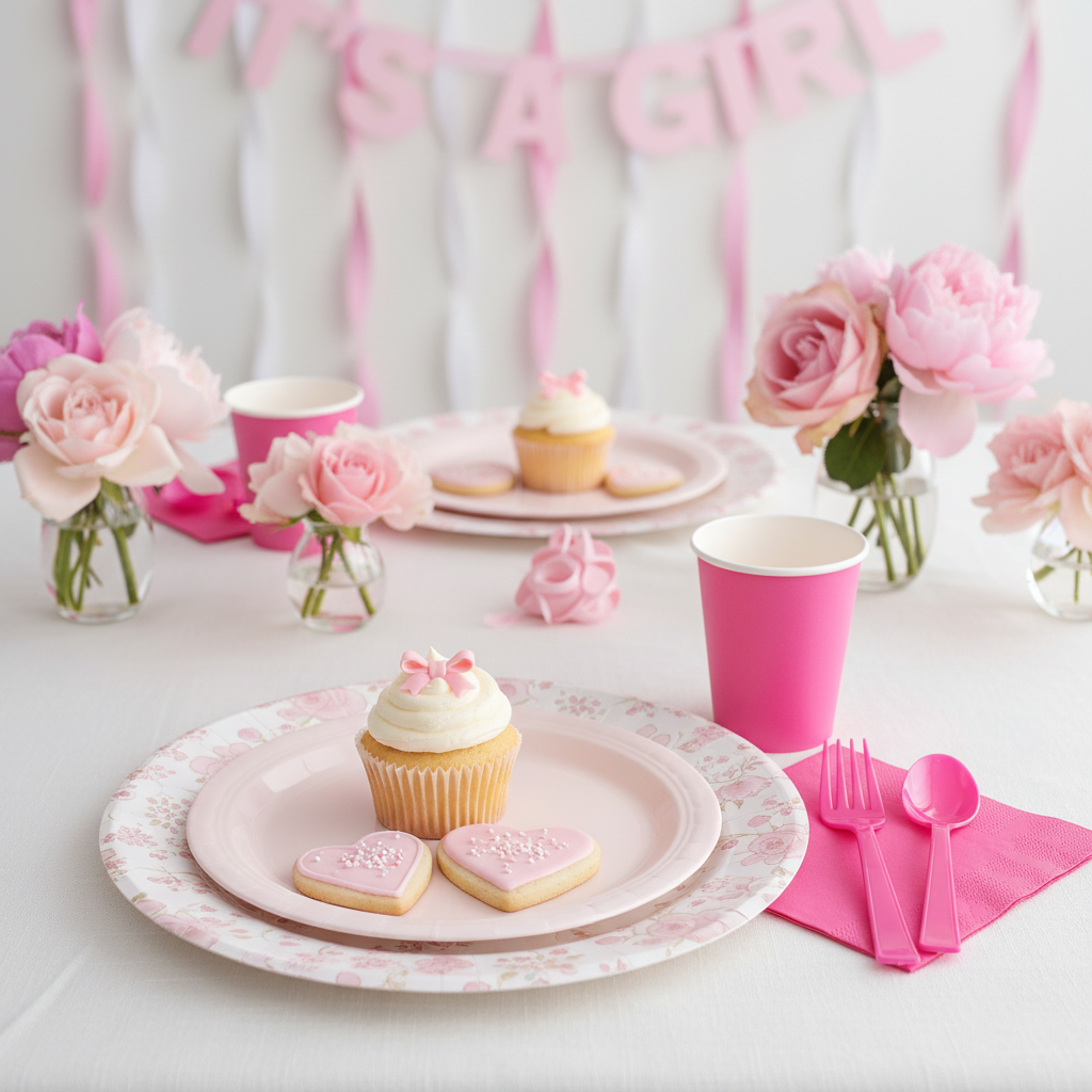 Hot pink plastic forks on baby girl shower table with pink floral decorations cupcakes and cookies soft elegant atmosphere