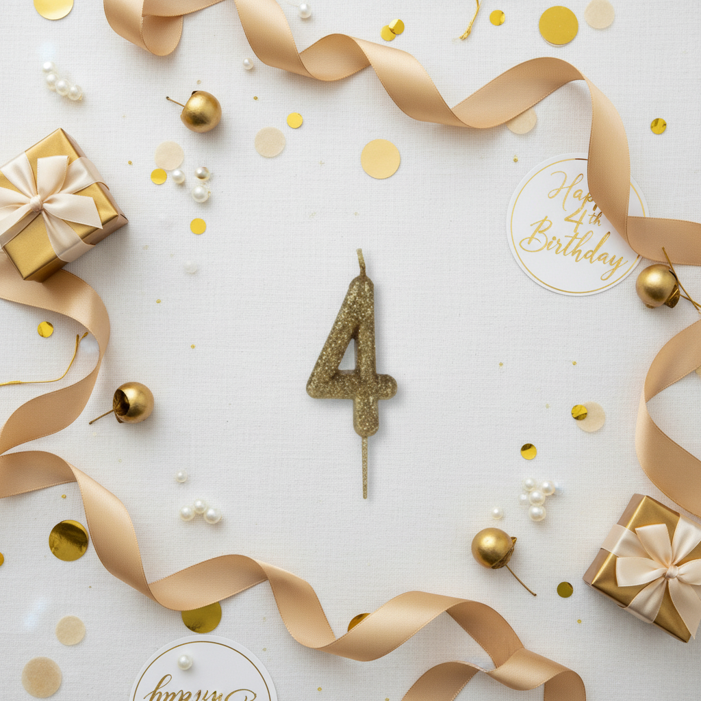 Golden glitter number 4 candle flat lay with gold ribbons gift boxes and golden party decor