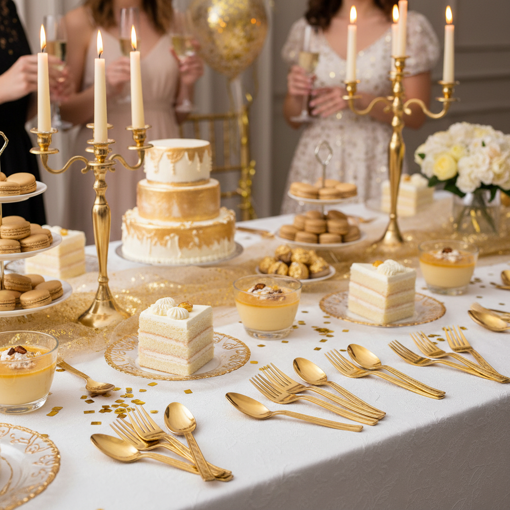 Shiny gold metallic disposable forks and spoon on dessert table at glamorous gold themed party next to cake slices and desserts