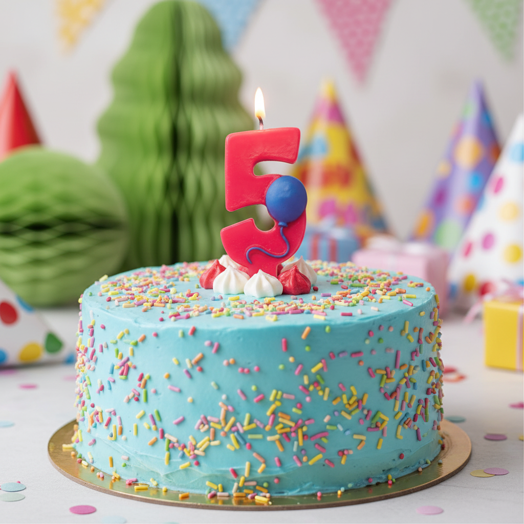 Red number 5 balloon candle on colorful birthday cake with frosting and sprinkles